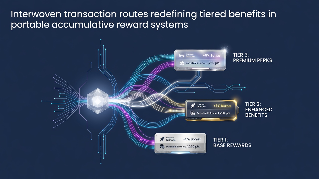 Illustration vernetzter Transaktionsrouten und gestaffelter Vorteile in mobilen Belohnungssystemen
